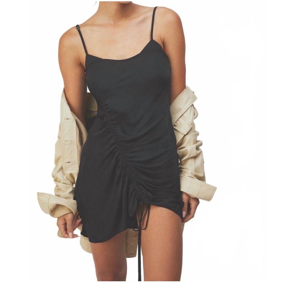 Intimately Free People Be My Mini Dress Black Ruched Front Slip Dress Large LBD